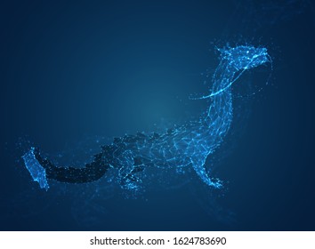vector long dragon snake on a deep dark blue background in the style of triangular polygons and glowing crystals