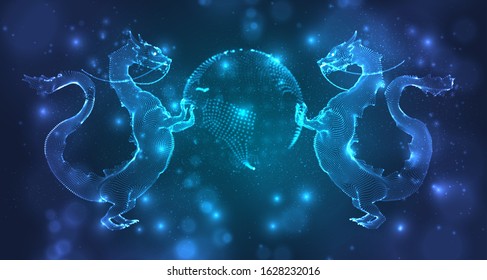 vector long dragon snake on a deep dark blue background in square 3D polygon style