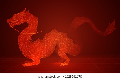 vector long dragon snake on red background in 3d polygon style