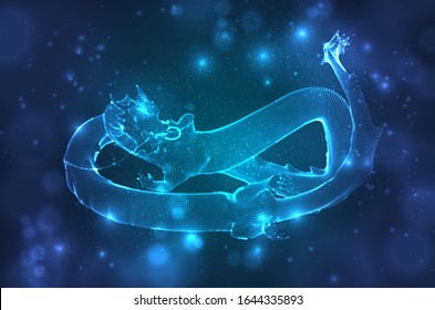 vector long dragon snake on a deep dark blue background in square 3D polygon style