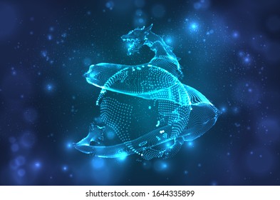 vector long dragon snake on a deep dark blue background in square 3D polygon style