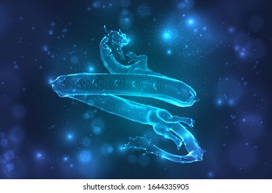 vector long dragon snake on a deep dark blue background in square 3D polygon style
