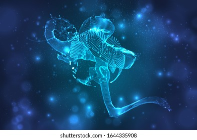 serpiente vectorial de dragón largo sobre un fondo azul oscuro profundo en el estilo 3D de polígono cuadrado
