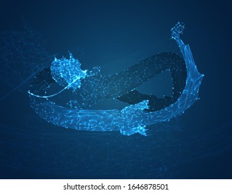 serpiente vectorial de dragón largo sobre fondo azul oscuro en el estilo de los polígonos triangulares y cristales brillantes