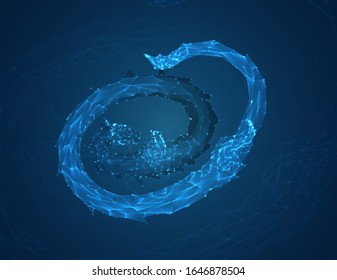 vector long dragon snake on a deep dark blue background in the style of triangular polygons and glowing crystals
