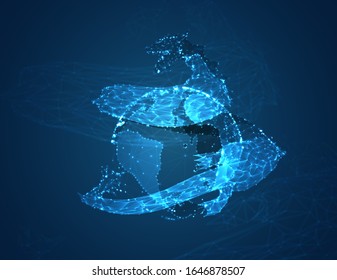 vector long dragon snake on a deep dark blue background in the style of triangular polygons and glowing crystals