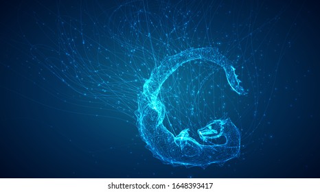 vector long dragon snake on a deep dark blue background in the style of magic glowing threads