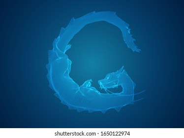vector long dragon snake on a deep dark blue background in square 3D polygon style