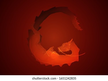 Vektorillustration-lange Drachenschlange auf rotem Hintergrund im 3D-Polygon-Stil