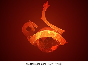 vector long dragon snake on red background in 3d polygon style