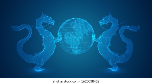 vector long dragon snakes holding a world globe on a deep dark blue background in square 3D polygon style