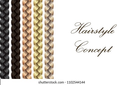 Vector Long Hair Braid Model Concept - Three Isolated Blond, Brunet and Ginger Hairstyle Design
