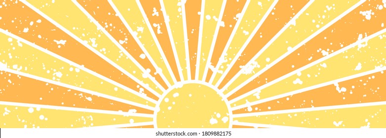 Vector long horizontal background with sun and shining rays, sunburst. Grunge, scratched texture. Retro style backdrop