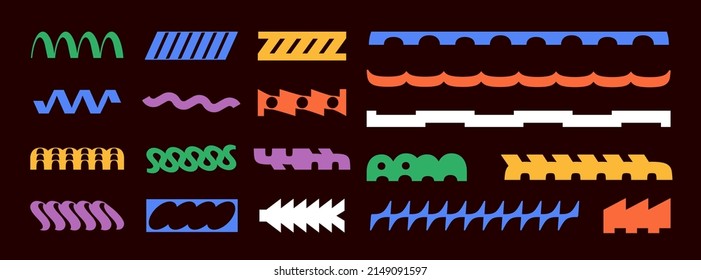 Vector long objects set, curly stripes, folded ribbons, horizontal curlicues. Vector illustration