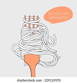 Vector Long Pasta On The Fork. Cartoon Spaghetti Illustration For Kitchen And Cafe