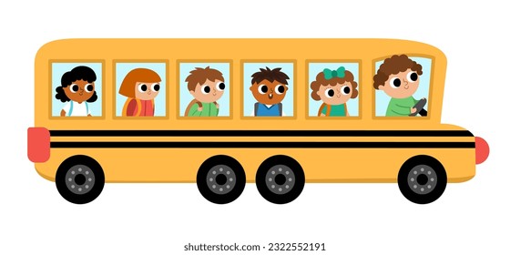 Vector long school bus with driver and passengers. Back to school educational clipart. Flat public transport car. Transportation icon with cute kids isolated on white background
