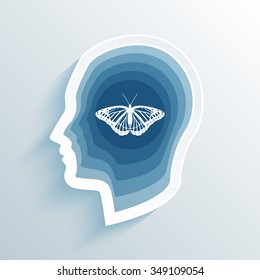 vector long shadow flat silhouette head with butterfly