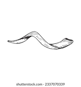 Vector long shofar horn for Rosh Hashanah and Yom Kippur graphic illustration. Jewish new year symbol in sketch black and white style for greeting cards and invitations