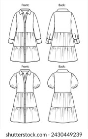 Vector de manga larga mini vestido de moda CAD, vestido de camisa de manga corta de mujer con dibujo técnico de cuello, plantilla, plano, boceto. Jersey o mini vestido de tela tejida con vista frontal, posterior, color blanco