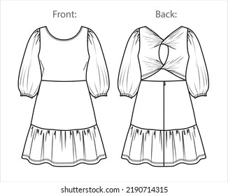 Vector long sleeve round neck mini dress technical drawing, woman tired dress with frill detail fashion CAD, sketch, template, flat. Jersey or woven fabric dress with front, back view, white color