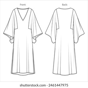 Vector long sleeve V neck maxi dress technical drawing, woman kaftan dress with side slits detail fashion CAD, sketch, template, flat. Jersey or woven fabric dress with front, back view, white color