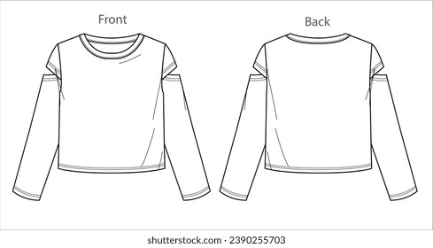 Vector long sleeved basic top fashion CAD, woman boxy shape round neck with cut-outs details on sleeve blouse technical drawing, template, mock up, flat. Jersey tee with front, back view, white color