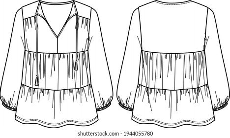 Vector long sleeved blouse fashion CAD, woman jersey or woven fabric top with frills and tassels and v neck technical drawing, template, flat, mockup, sketch. Front, back view, white color,relaxed fit