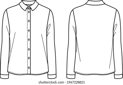 Vector long sleeved blouse fashion CAD, woman classic shirt with collars and buttons technical drawing, template, flat, sketch. Jersey or woven fabric shirt with front, back view, white color