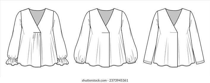 Vector long sleeved blouse fashion CAD, woman v neck 3 pieces set of top with frill detail technical drawing, template, flat, sketch. Jersey or woven fabric blouse with front, back view, white color