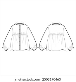 Vector long sleeved blouse fashion CAD, woman v neck dropped shoulders top with lace detail technical drawing, template, flat, sketch. Jersey or woven fabric blouse with front, back view, white color