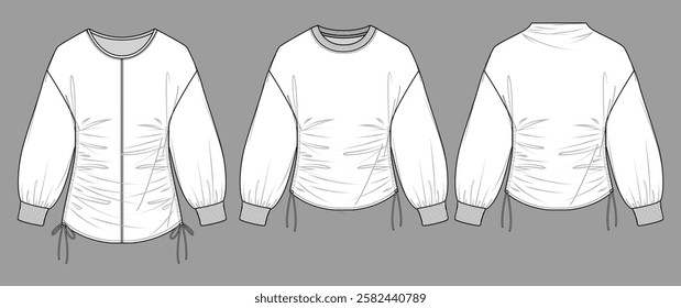 Vector long sleeved blouse fashion CAD, woman jersey top with dropped shoulders technical drawing, round neck t-shirt sketch, template. Jersey or woven fabric sweatshirt, front view, white color