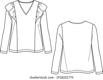 Vector long sleeved blouse technical drawing, T-Shirt with frill detail fashion CAD, sketch, template