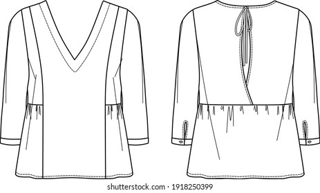 Vector long sleeved blouse technical drawing, woman v-neck top fashion CAD, blouse sketch with back detail 