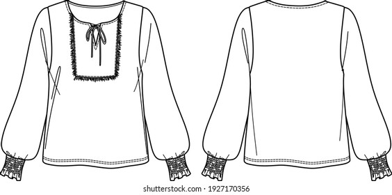 Vector long sleeved blouse technical drawing, round neck woman top fashion CAD, sketch, template, flat