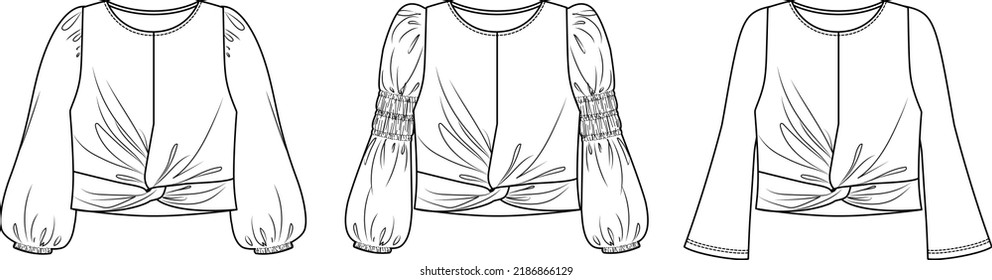 Vector long sleeved boho style top fashion CAD, woman round neck with frills and smock details blouse technical drawing, template, mock up, flat. Woven fabric tshirt with front, back view, white color