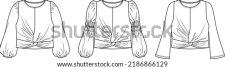 Vector long sleeved boho style top fashion CAD, woman round neck with frills and smock details blouse technical drawing, template, mock up, flat. Woven fabric tshirt with front, back view, white color Stock photo © 