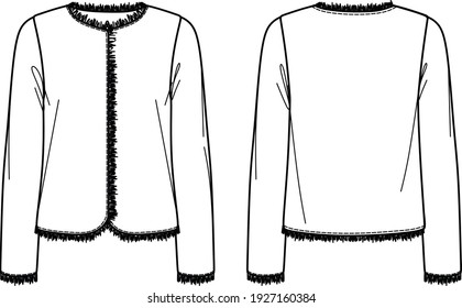 Vector long sleeved boucle jacket fashion CAD, woman tweed jacket with fringed trims technical drawing, template, sketch, flat. Jersey jacket with front, back view, white color