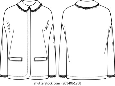 Vector long sleeved boucle jacket fashion CAD, woman tweed jacket with fringed trims technical drawing, template, sketch, flat. Jersey jacket with front, back view, white color