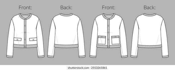 Vector long sleeved boucle jacket fashion CAD, woman tweed cardigan with metal buttons technical drawing, template, sketch, flat. Knitted jacket with pockets, front, back view, white color