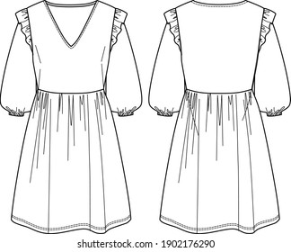 Vector long sleeved dress fashion CAD, template, flat. Balloon sleeved mini dress with frills technical drawing, dress sketch with belt. Jersey or woven fabric dress with front, back view, white color