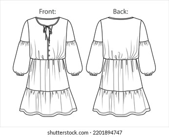 Vector long sleeved dress technical drawing, woman mini dress with bow detail fashion CAD, shirt dress with long ballon sleeves template, sketch, flat. Jersey dress with front, back view, white color