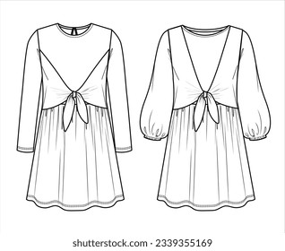 Vector long sleeved dress technical drawing, woman mini dress with bow detail fashion CAD, dress sketch with long sleeves template, sketch, flat. Jersey 2 pcs set with front, back view, white color