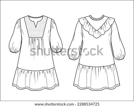 Vector long sleeved dress technical drawing, woman mini dress with lace detail fashion CAD, dress sketch with frill details template, sketch, flat. Woven fabric dress with front view, white color