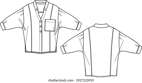 Moda de la camisa de manga larga del vector CAD, blusa de la mujer contra el cuello con botones dibujo técnico, plantilla, esbozo, plano