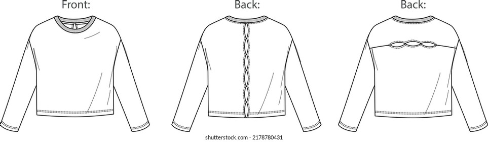 Vector long sleeved drop shoulder top fashion CAD, woman boxy shape round neck with cut-outs details blouse technical drawing, template, mock up, flat. Jersey tee with front, back view, white color