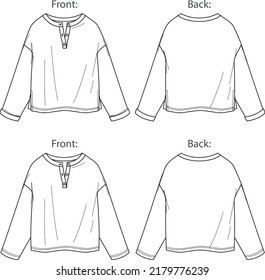 Vector long sleeved drop shoulder top fashion CAD, woman boxy shape round neck with buttons details blouse technical drawing, template, mock up, flat. Jersey tee with front, back view, white color