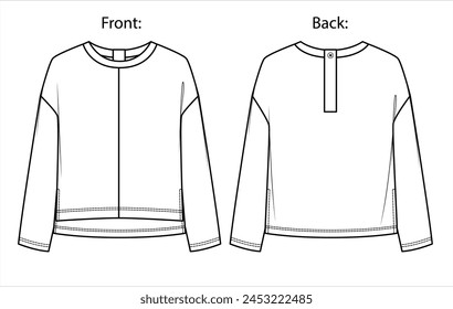 Vector long sleeved drop shoulder top fashion CAD, woman boxy shape round neck with buttons details blouse technical drawing, template, mock up, flat. Jersey tee with front, back view, white color