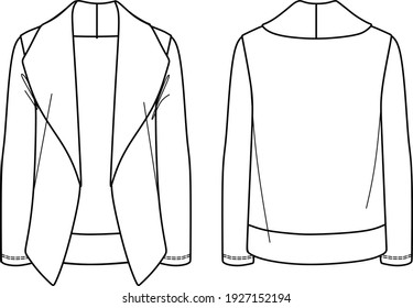 Vector long sleeved jacket fashion CAD, winter woman knitted cardigan technical drawing, template, flat, sketch. Jersey jacket with front, back view, white color