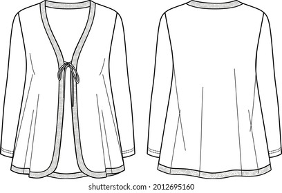 Vector long sleeved jacket fashion CAD, winter woman knitted cardigan with lace trim hem and bow detail technical drawing, template, flat, sketch. Jersey jacket with front, back view, white color