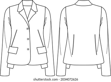 Moda de la chaqueta de manga larga vectora CAD, dibujo técnico de cardigan de punto para mujer de invierno, plantilla de parpadeo de mujer, plano, boceto. Chaqueta de tela de Jersey o tejida con frontal, retrospectiva, de color blanco